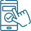 Blue outline icon of a hand tapping a checkmark on a smartphone screen, symbolizing mobile access or digital confirmation, on a transparent background.