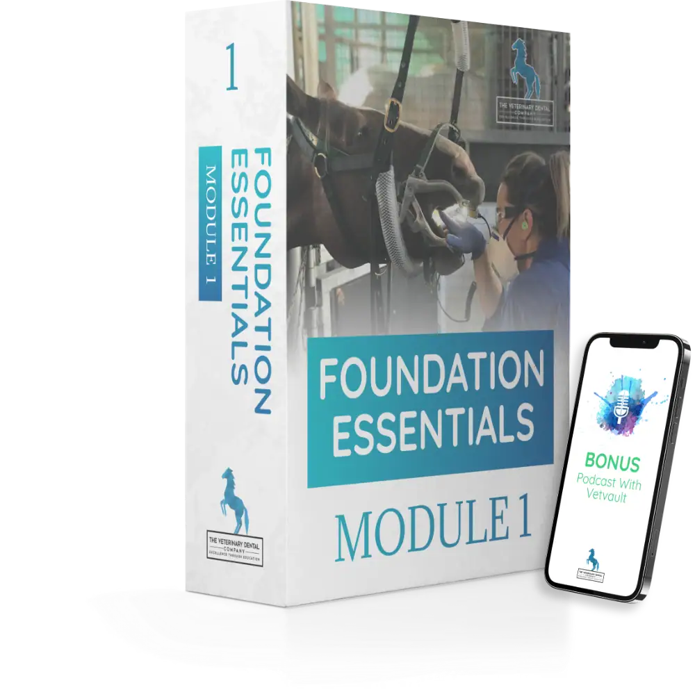 Veterinary Dental Foundation Essentials Module 1 course box with a bonus VetVault podcast shown on a smartphone.