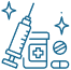 Blue medical icon showing a syringe, pill bottle, tablet, and capsule with sparkle accents on a transparent background.