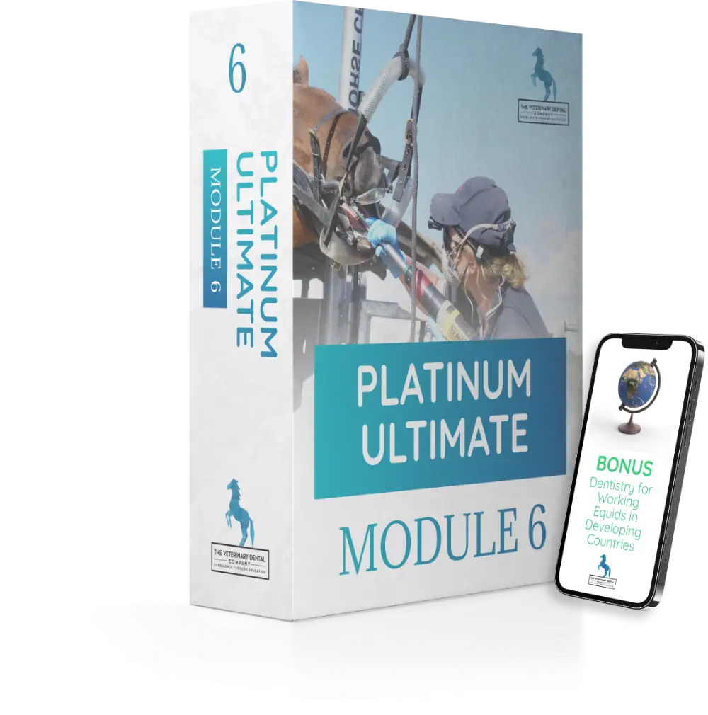Veterinary Dental Company Platinum Ultimate Module 6 box with mobile bonus resource titled "Dentistry for Working Equids in Developing Countries."